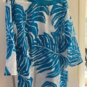 Tropical Blue Leaf Print Swim Cover-Up